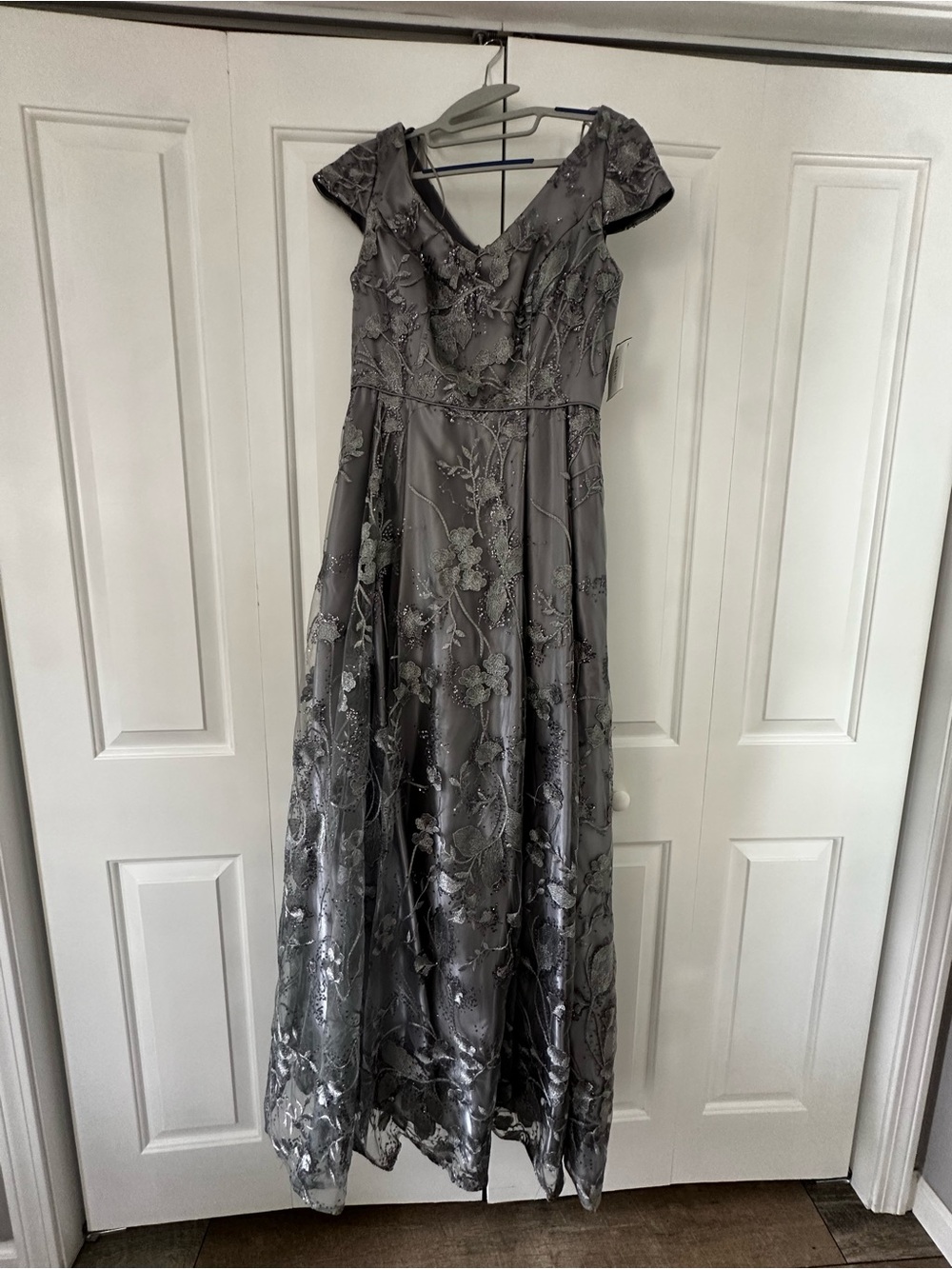 David's Bridal Silver-Gray Floral Embroidered Maxi Dress